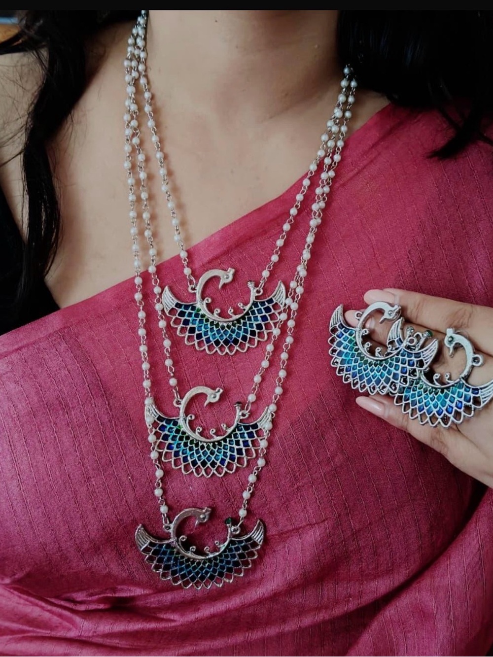 Handcrafted Peacock Pendant Necklace Set in Blue-Green